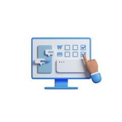 3d Render. Online shopping on the website by computer desktop. Online store interface, shopping ux ui on web browser