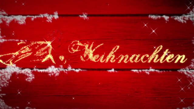4k Video Frohe Weihnachten animation mit sich aufl&ouml;sender Schrift und funkelnden Sternen vor rotem, rustikalem Holzhintergrund