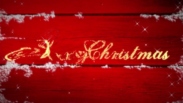 4k Video Merry Christmas animation with dissolving Text and sparkling stars on bright, red, wooden background.
