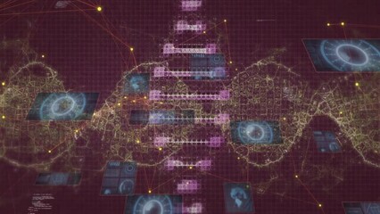 Animation of data processing and dna strand over globe on dark background - Powered by Adobe