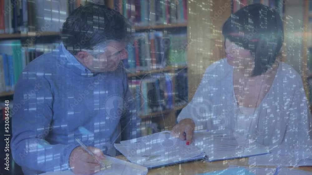 Aufkleber animation of data processing over two caucasian people studding in the library