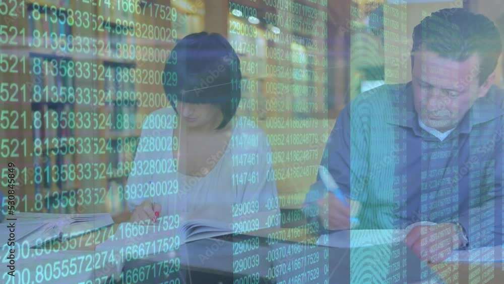 Poster animation of data processing over two caucasian people studding in the library