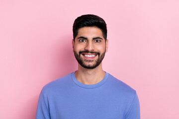 Photo of friendly candid glad person toothy beaming smile wear sweater isolated on pink color background