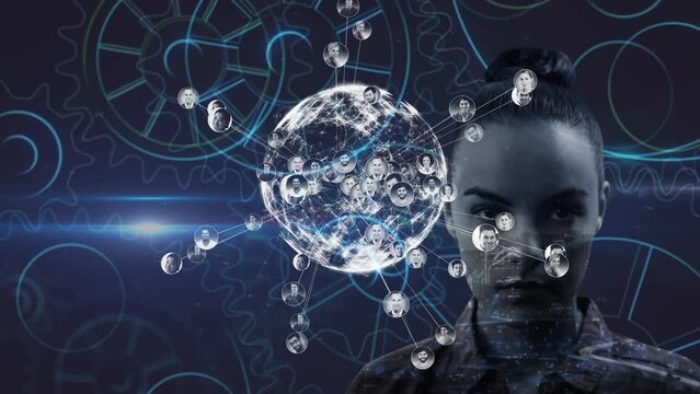 Animations of globe with network of connections over caucasian women fave on dark background