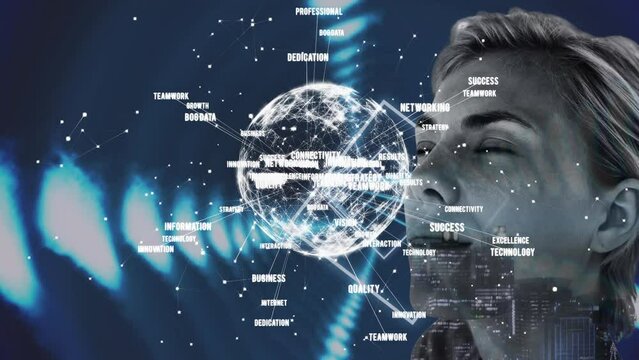 Animations of globe with network of connections over caucasian women fave on dark background