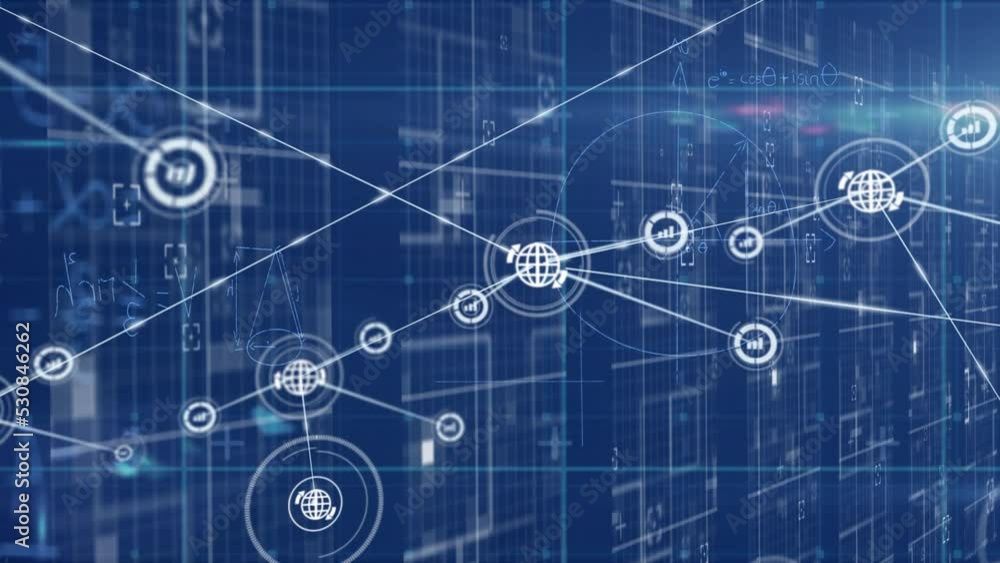 Poster animation of network of connections with icons over dark background