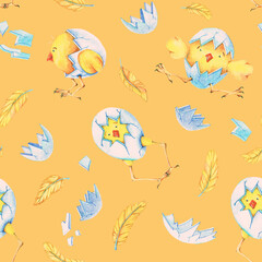 Chicken and shell. Seamless pattern. Watercolor