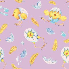 Chicken and shell. Seamless pattern. Watercolor