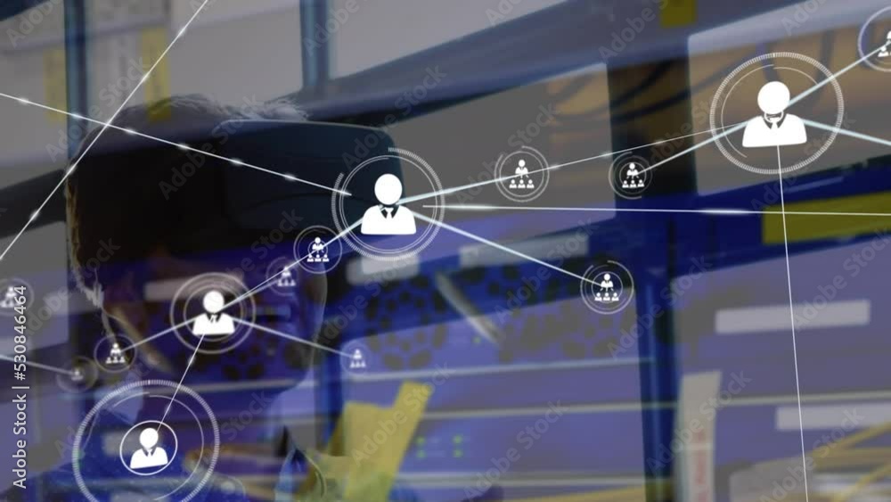Poster animations of network of connections over caucasian men using vr headset