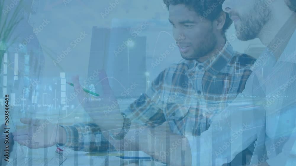 Poster animations of financial data processing over two diverse businessman