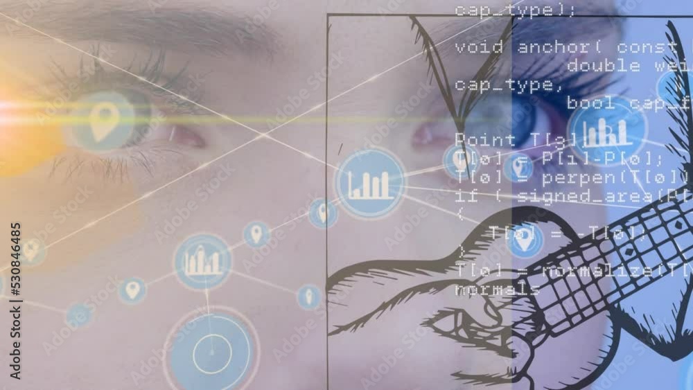 Poster animation of network of connections with data processing over female eye