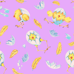 Chicken and shell. Seamless pattern. Watercolor