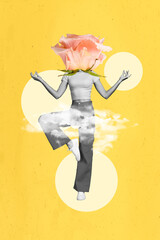 Vertical collage portrait of meditating girl black white colors big rose flower instead head isolated on yellow background