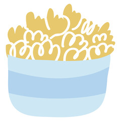 Popcorn in a bowl, homemade snack for watching movies. Hand-drawn, cartoon png illustration. 