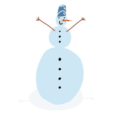 A cute hand-drawn snowman, frosty with brunch arms, a carrot nose and a bucket hat.