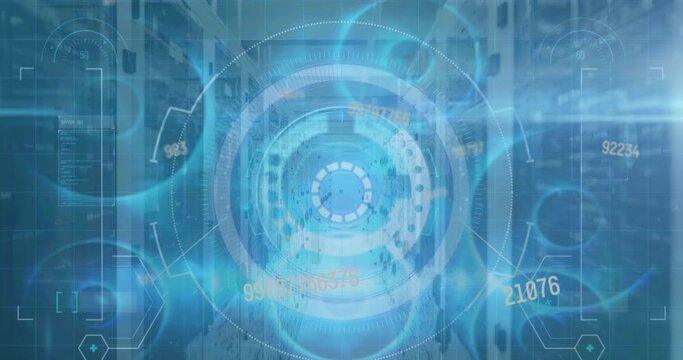 Animation of digital data processing and digital interface and grid over blue background