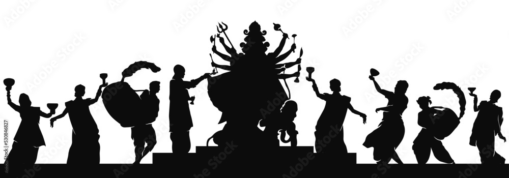 Wall mural indian man and women wearing traditional cloth celebrating durga puja silhouette by dancing dhunuchi