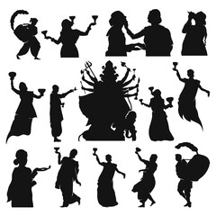 Indian man and women wearing traditional cloth Celebrating Durga puja silhouette by dancing Dhunuchi and drumming
