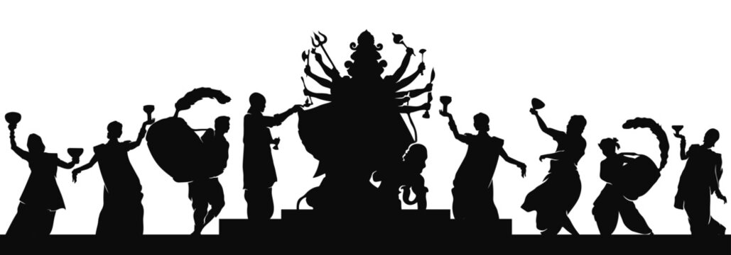 Indian man and women wearing traditional cloth Celebrating Durga puja silhouette by dancing Dhunuchi and drumming