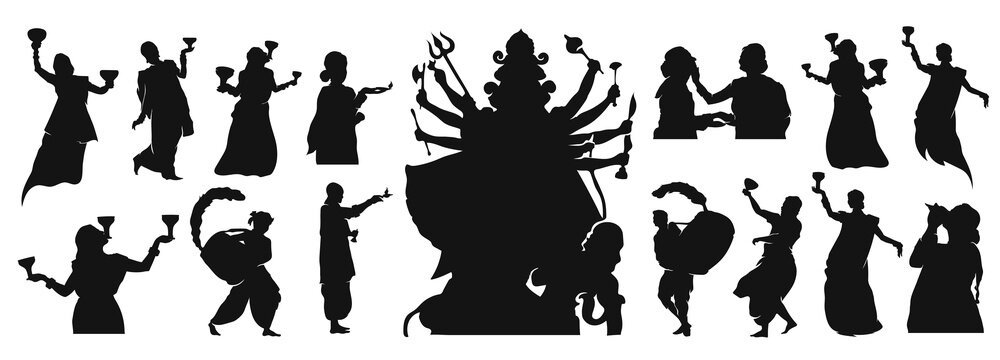 Indian Man And Women Wearing Traditional Cloth Celebrating Durga Puja Silhouette By Dancing Dhunuchi And Drumming