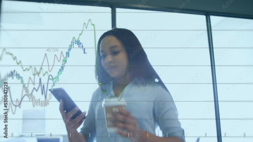 Poster animation of data processing with icons over biracial women using smartphone