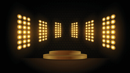 Abstract background gold podium for product stadium stage hall presentation with scenic lights of round futuristic neon glowing round frame and rays.Gold vector lighting stage spotlight background.