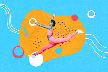 Creative 3d collage artwork postcard poster magazine sketch of person lady stretch split legs fly air isolated on drawing background
