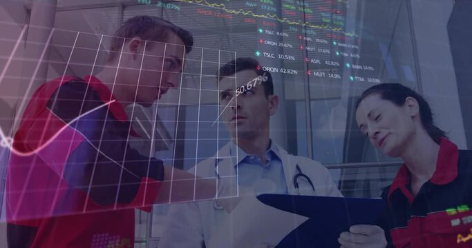Animation of statistics and data processing over diverse doctors and e r medics - Powered by Adobe