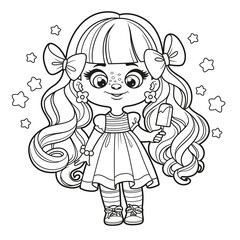Cute cartoon longhaired girl with ice lolly in hand outlined for coloring page on a white background