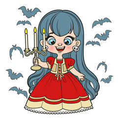 Cute cartoon long haired girl in a Halloween vampire costume with candlestick in hand and bats around color variation for coloring page on white background