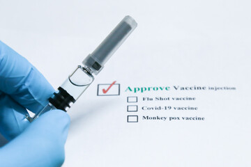 Fototapeta na wymiar Medical hand glove blue molding vial vaccine hypodermic needle syringe injection treatment.Lab since test immunization and vaccination concept.
