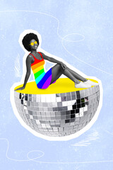 Vertical creative collage image of sexy positive young girl sitting big disco ball party wear rainbow colorful dress support lgbt community