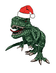 Vector illustration of green tyrannosaurus in Santa Claus hat isolated on white background,vector Christmas element