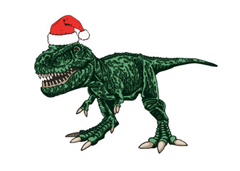 Vector illustration of green tyrannosaurus in Santa Claus hat isolated on white background,vector Christmas element