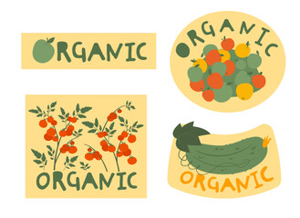 Organic food stickers. Premium quality vegetables and fruits icons.