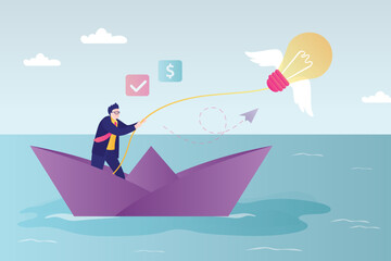Businessman caught idea on paper boat. Entrepreneur successfully found new business ideas