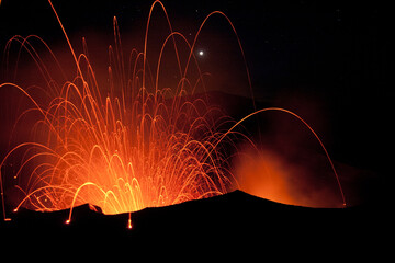 Close-up of an eruption of Yasur Volcano at night, Tanna Island, Vanuatu