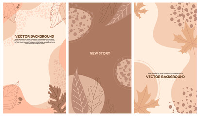 Autumn vertical backgrounds. Set of templates for social media posts and instagram stories. Abstract shape with leaves. Editable vector illustration.