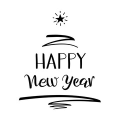 Fototapeta premium Happy New Year handwritten Lettering, modern brush ink calligraphy. A Christmas tree is made of the text, pen stroke and star. Black and white isolated text. For greeting card, postcard, invitation...