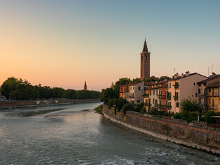 sunrise in the old town of verona, italy with beautiful golden colors