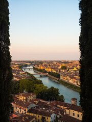 sunrise in the old town of verona, italy with beautiful golden colors