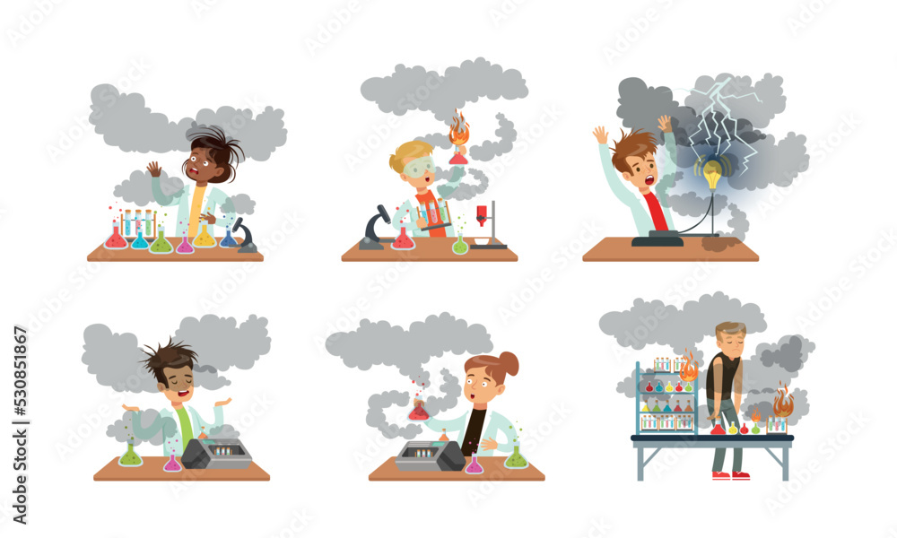 Poster children scientist at table with exploded flask with chemicals after failed experiment vector set