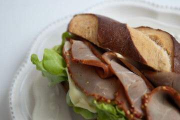 Close up Pastrami Sandwich , Laugen Bread