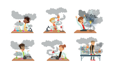 Children Scientist at Table with Exploded Flask with Chemicals After Failed Experiment Vector Set