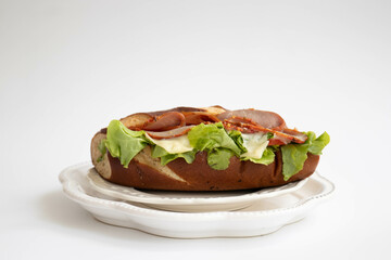 Close up Pastrami Sandwich , Laugen Bread