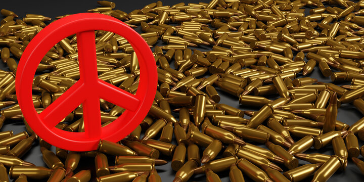 3D rendering of Red peace symbol with a pile of gun bullets background, anti-war concept