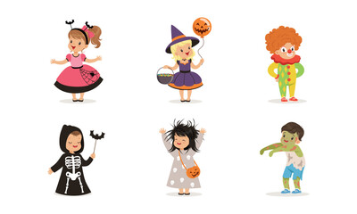 Cute Kids Dressed in Halloween Costume and Outfit Engaged in Spooky Holiday Masquerade Vector Set