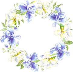 Fototapeta na wymiar Watercolor iris wreath. Hand-painted clipart