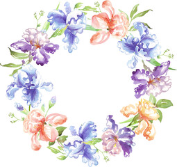 Watercolor iris wreath. Hand-painted clipart