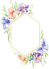 Watercolor iris frame. Hand-painted clipart